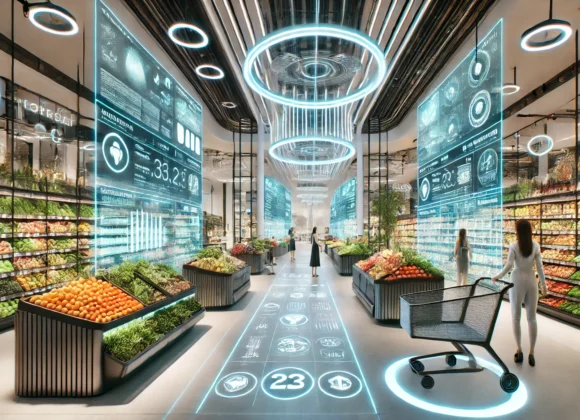 TECHNOLOGIE W SŁUŻBIE DOŚWIADCZEŃ NABYWCY I KONSUMENTA DALL·E 2024-12-23 12.42.37 - An alternative futuristic grocery store design. The store features a vibrant, open-concept layout with bold architectural lines and large panoramic wi