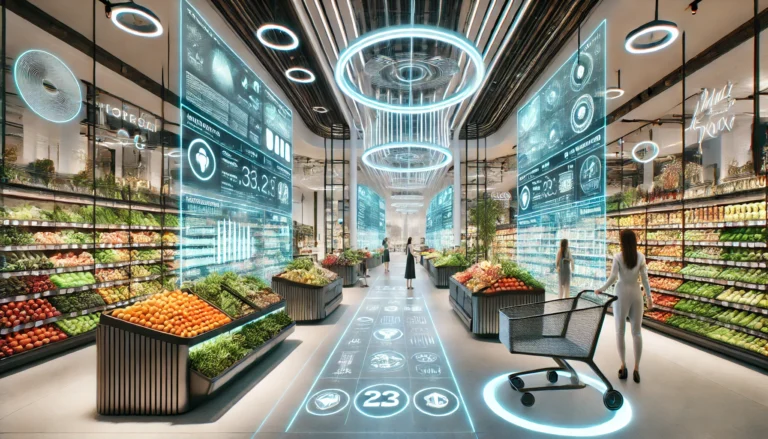 DALL·E 2024-12-23 12.42.37 - An alternative futuristic grocery store design. The store features a vibrant, open-concept layout with bold architectural lines and large panoramic wi