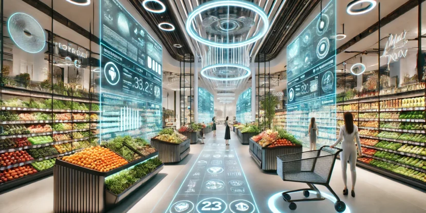TECHNOLOGIE W SŁUŻBIE DOŚWIADCZEŃ NABYWCY I KONSUMENTA DALL·E 2024-12-23 12.42.37 - An alternative futuristic grocery store design. The store features a vibrant, open-concept layout with bold architectural lines and large panoramic wi