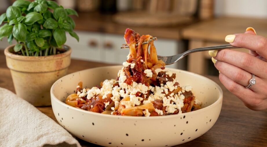 Makaron z&nbsp;wędzonym twarogiem, polędwicą wołową i&nbsp;czerwoną cebulą